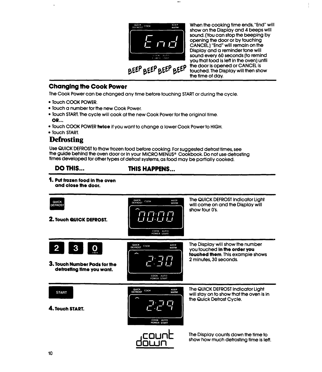 Whirlpool MH6100XY manual Defrosting, DQWll, Changlng the Cook Power, Put frozen food In the oven and close the door 