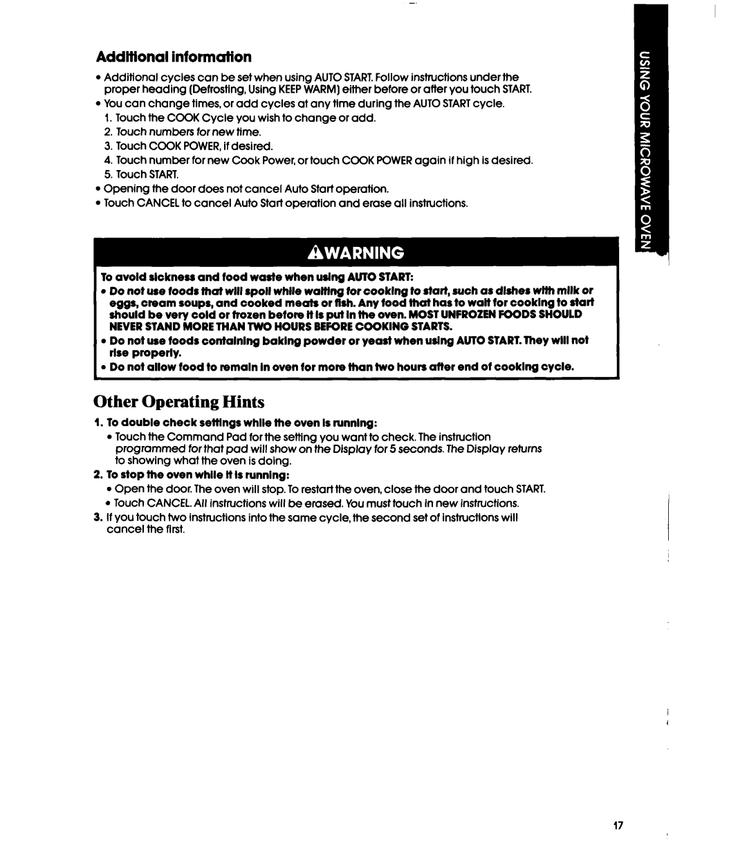 Whirlpool MH6100XY manual Other Operating Hints, Addtffonal information, To double check sefflngs while the oven Is nmnlng 