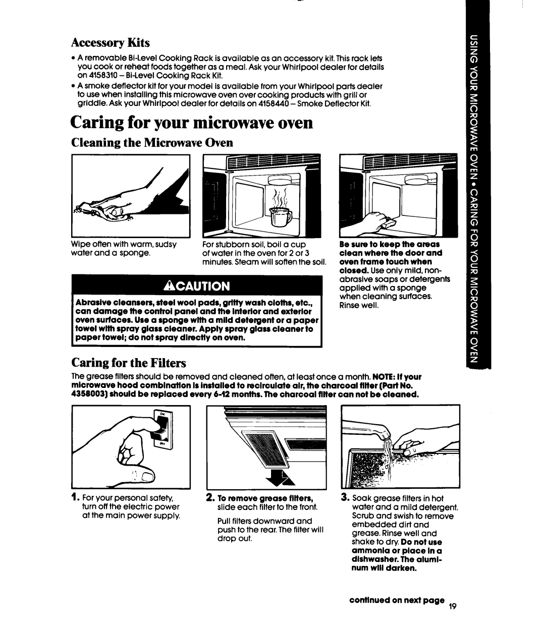 Whirlpool MH6100XY Caring for your microwave oven, Accessory Kits, Cleaning the Microwave Oven, Caring for the Filters 