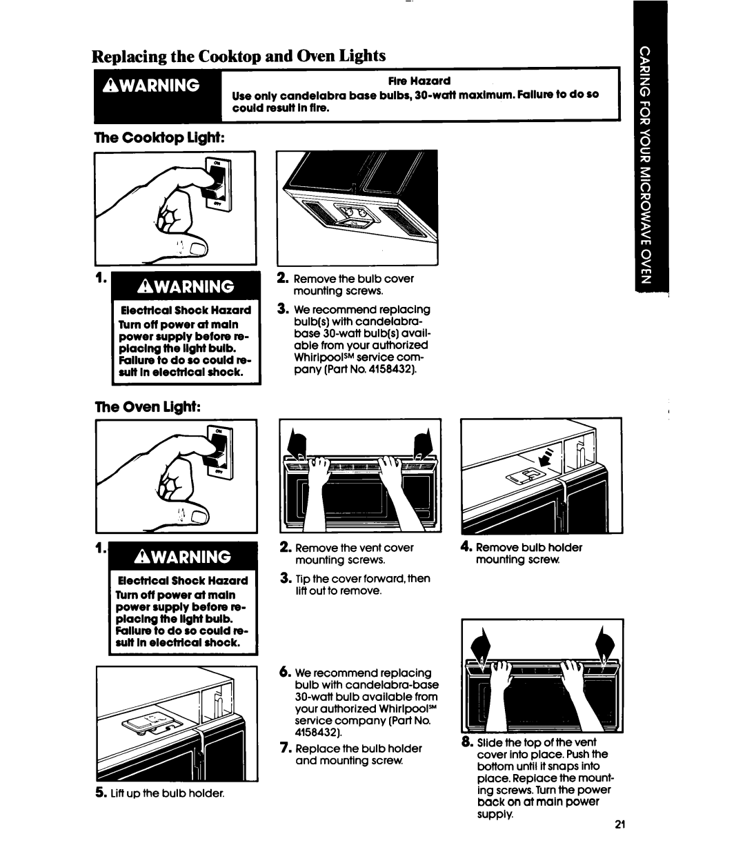 Whirlpool MH6100XY manual Replacing the Cooktop and Oven Lights, Cooktop light, Oven light 