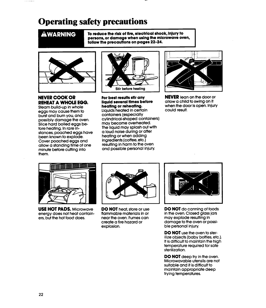 Whirlpool MH6100XY manual Operating safety precautions, Never Cook or Reheat a Whole EGG 