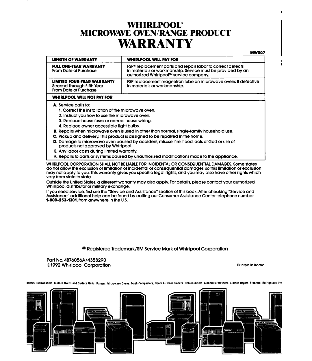 Whirlpool MH6100XY manual Warranty 