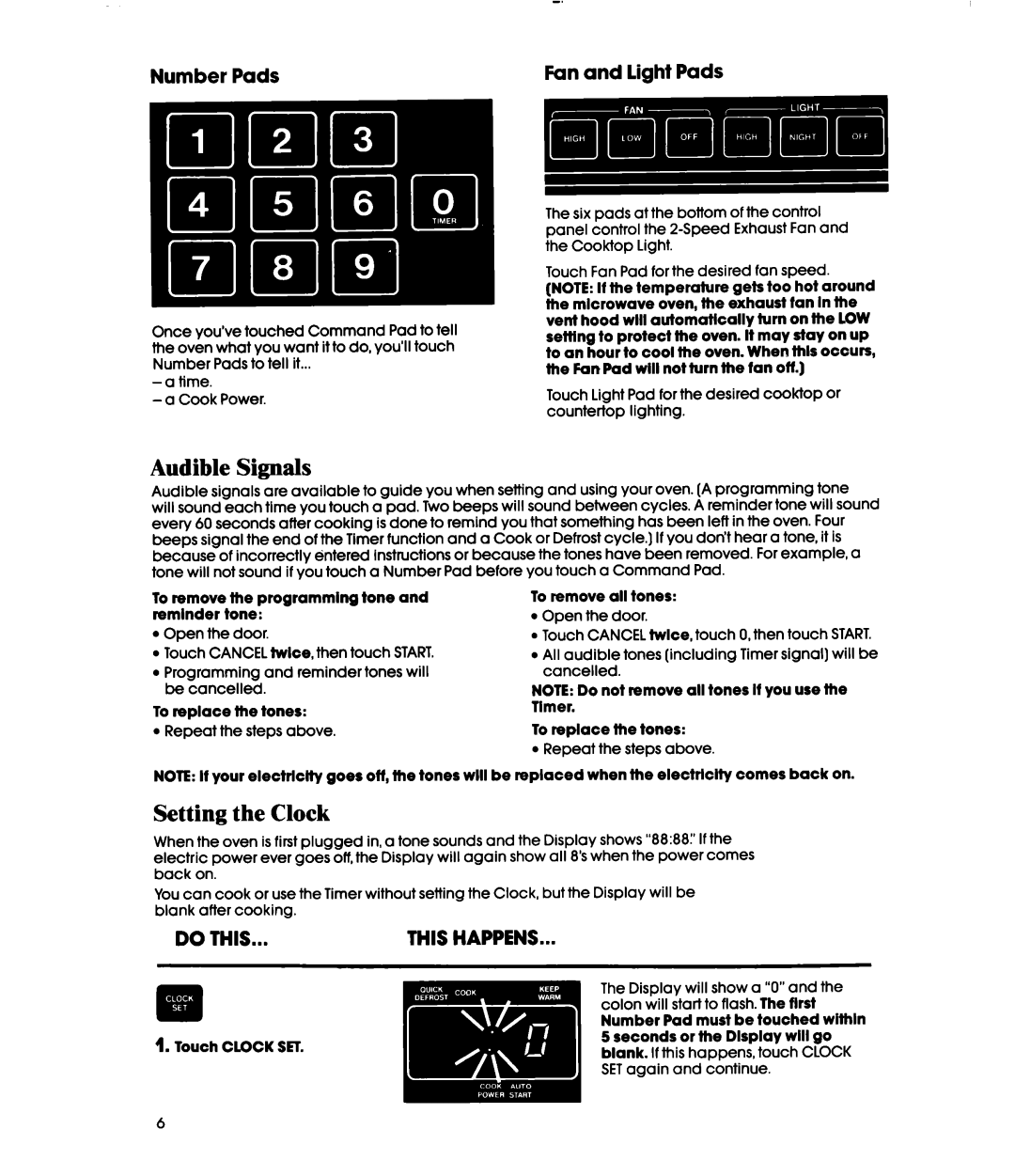 Whirlpool MH6100XY manual Audible Signals, Setting the Clock, Number Pads, Fan and light Pads 