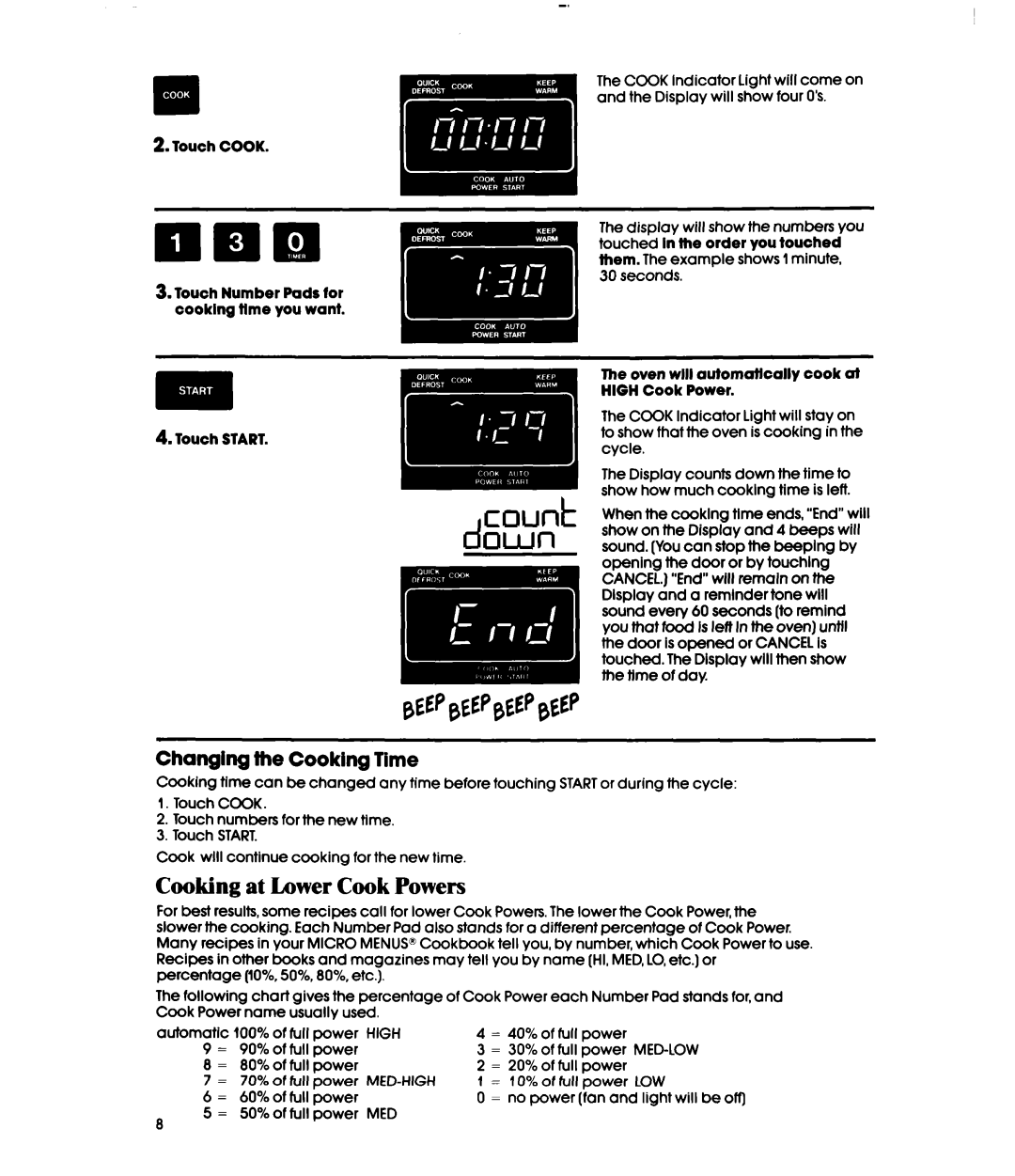 Whirlpool MH6100XY manual CDUd dQWll, Cooking at Lower Cook Powers, Changing the Cooking Time 