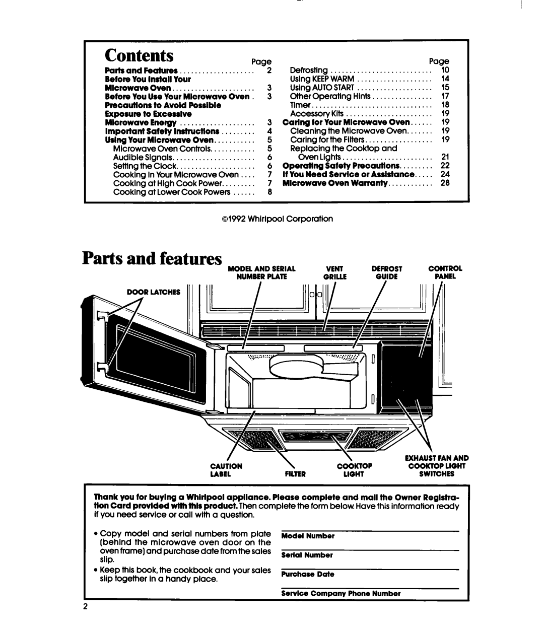Whirlpool MH6100XY manual Contents, Parts and features 