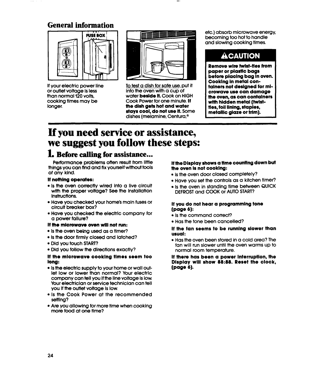 Whirlpool MH6100XY manual General information, Before calling for assistance, If nothlng operates 