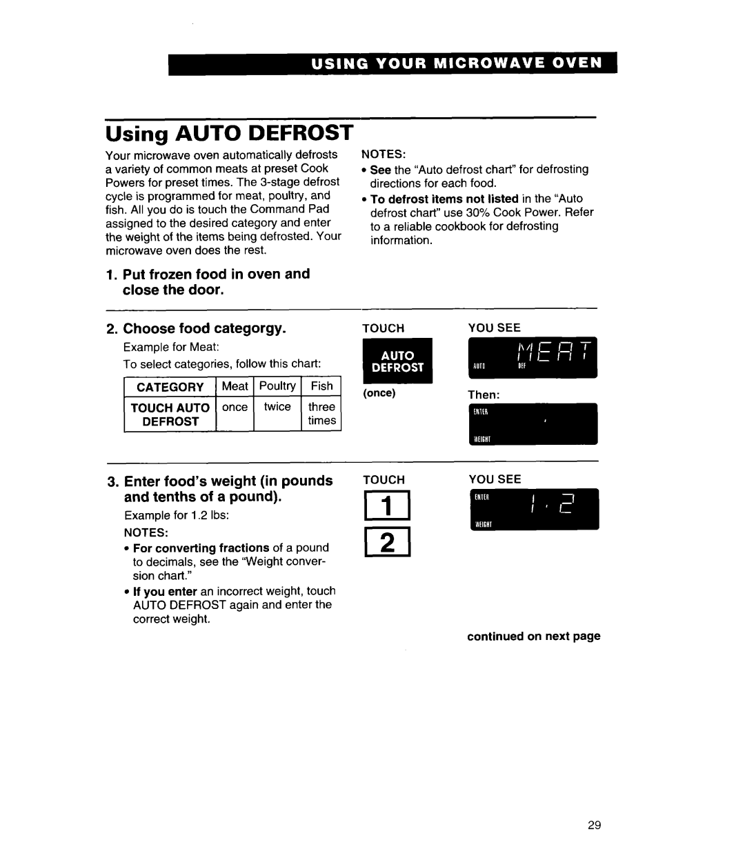 Whirlpool MH6110XE Using Auto Defrost, Enter food’s weight in pounds and tenths of a pound, Category Touch Auto Defrost 