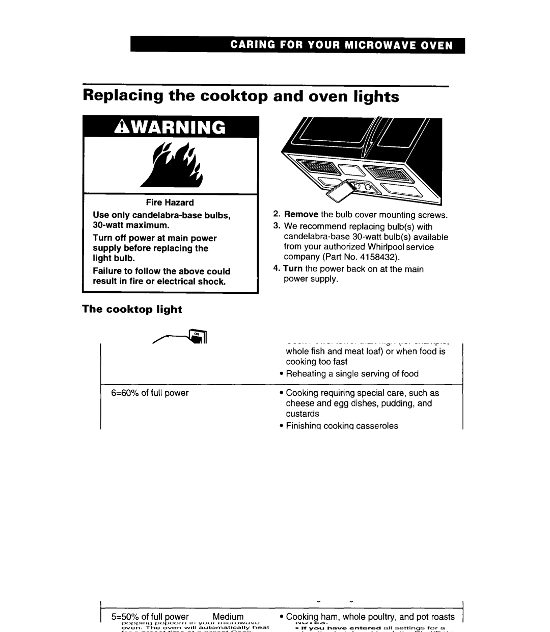 Whirlpool MH6110XE warranty Replacing the cooktop and oven lights, Cooktop light 