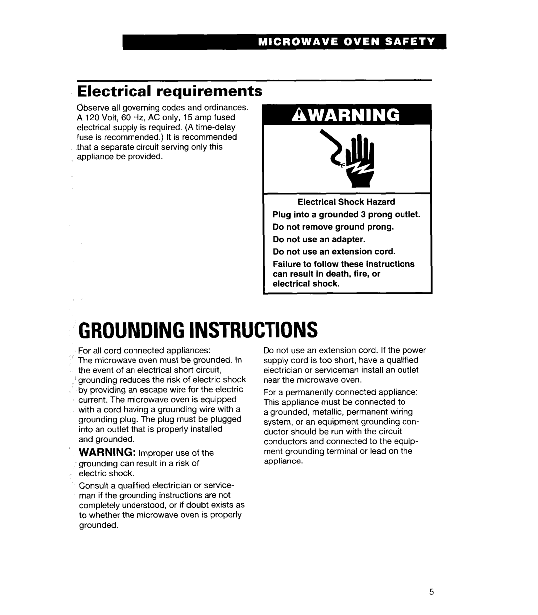 Whirlpool MH6110XE warranty Groundinginstructions, Electrical requirements 