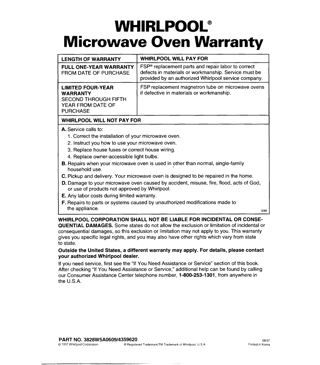 Whirlpool MH6110XE warranty Microwave Oven Warranty 