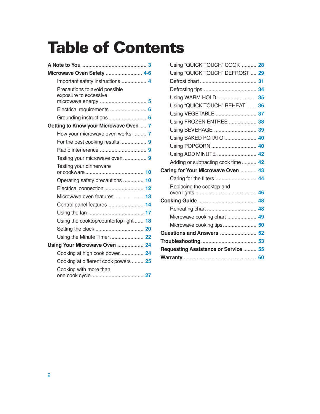 Whirlpool YMH6130XE warranty Table of Contents 