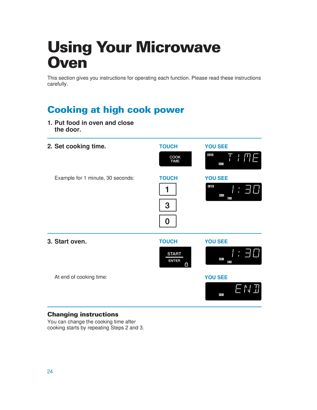 Whirlpool YMH6130XE warranty Using Your Microwave Oven, Cooking at high cook power, Start oven, Changing instructions 