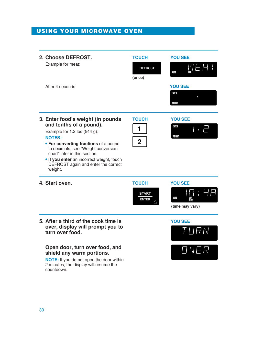 Whirlpool MH6130XE Choose Defrost, Enter food’s weight in pounds, Tenths of a pound, After a third of the cook time is 