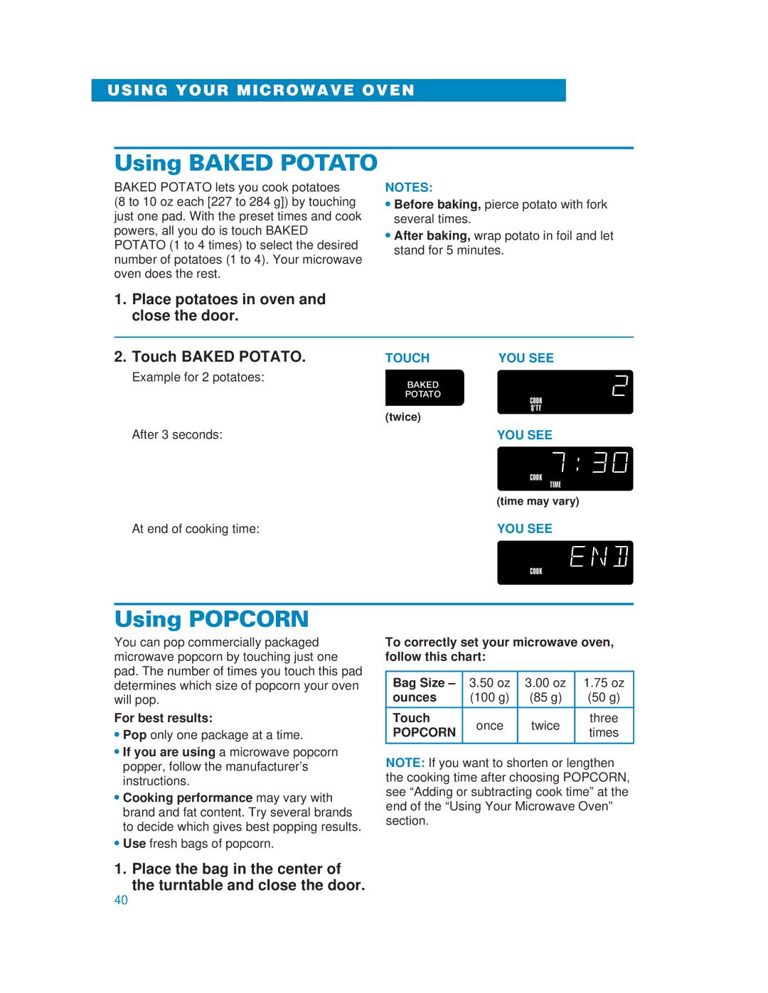 Whirlpool MH6130XE Using Baked Potato, Using Popcorn, Place potatoes in oven and close the door, Touch Baked Potato 