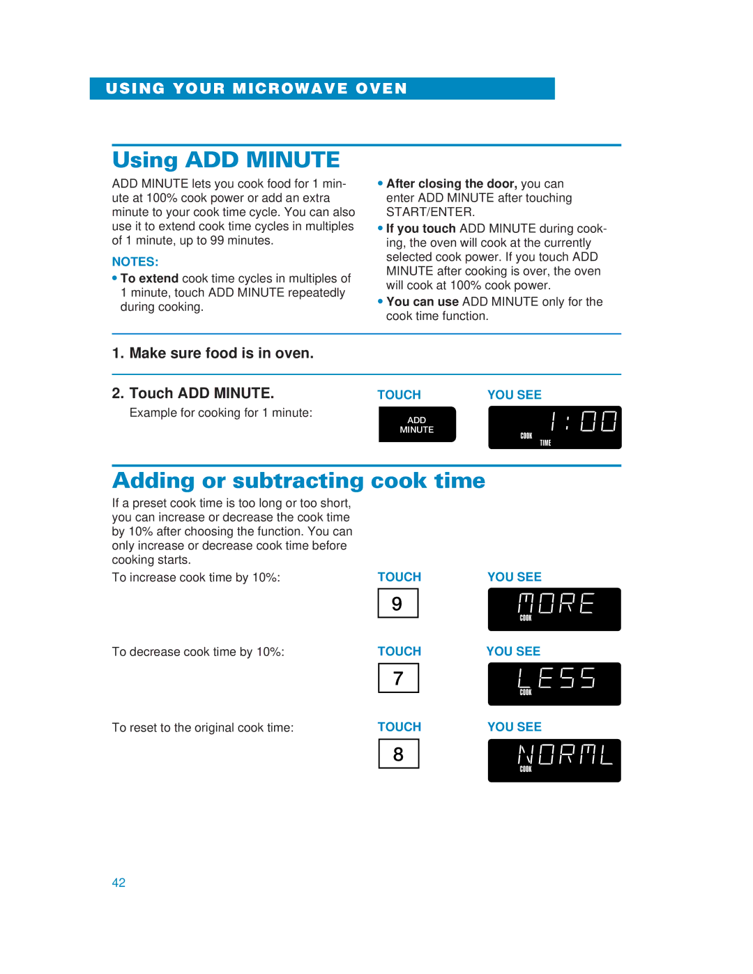 Whirlpool MH6130XE warranty Using ADD Minute, Adding or subtracting cook time, Make sure food is in oven, Touch ADD Minute 