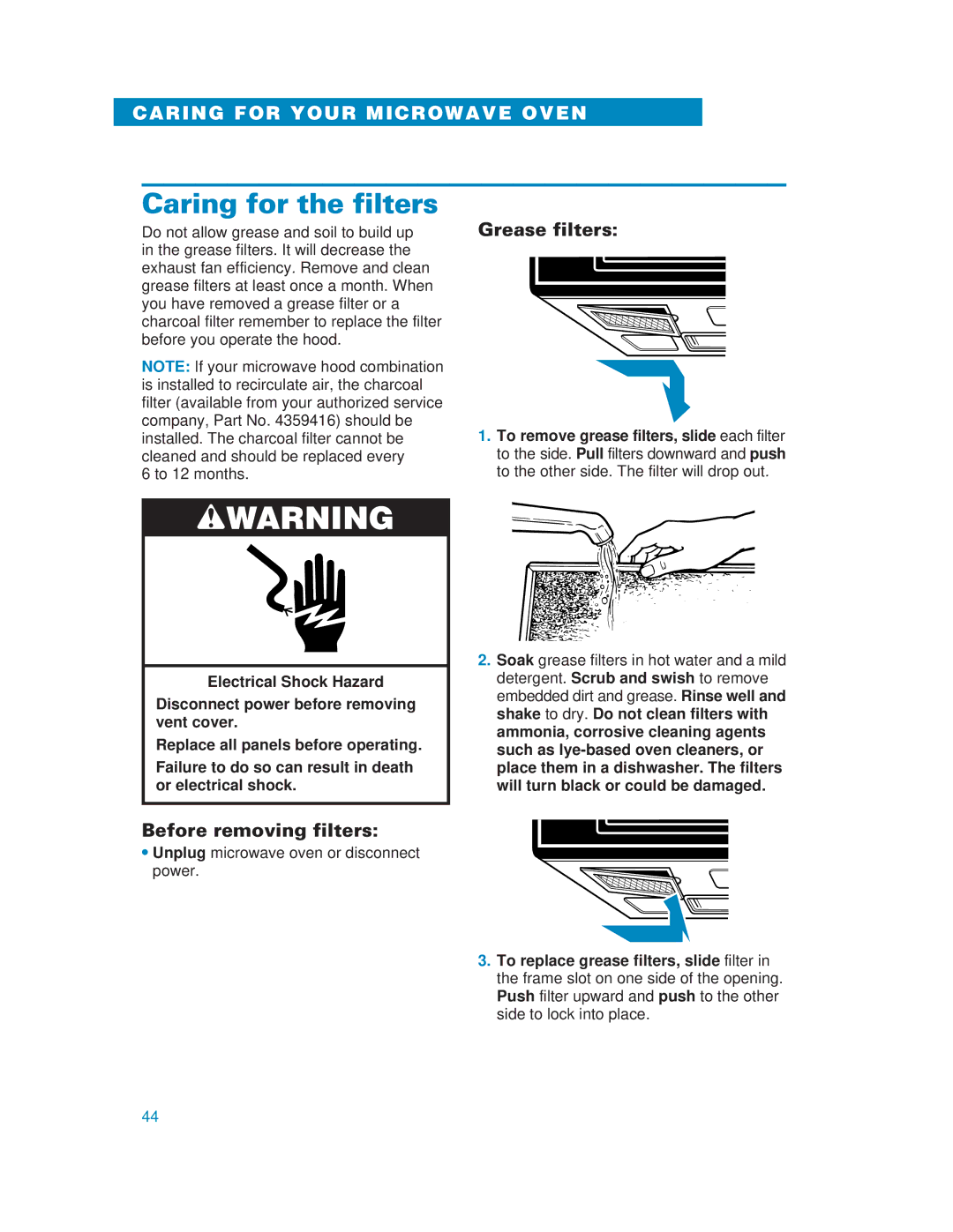 Whirlpool YMH6130XE warranty Caring for the filters, Grease filters, Before removing filters 