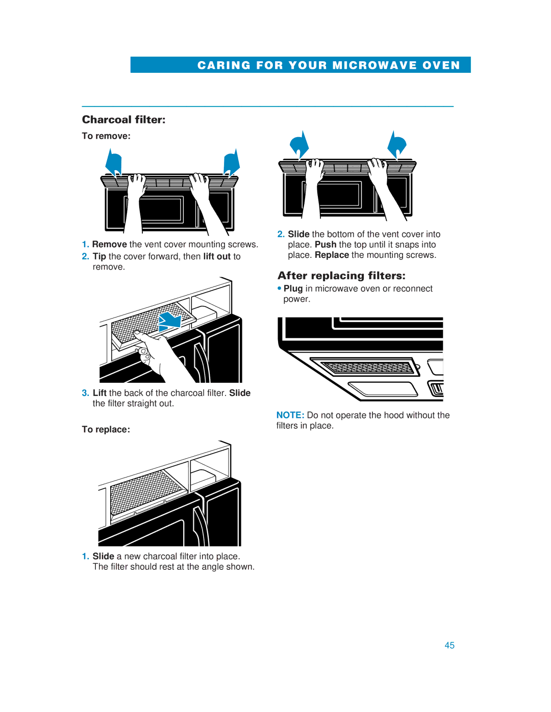 Whirlpool YMH6130XE warranty Charcoal filter, After replacing filters, To remove, To replace 