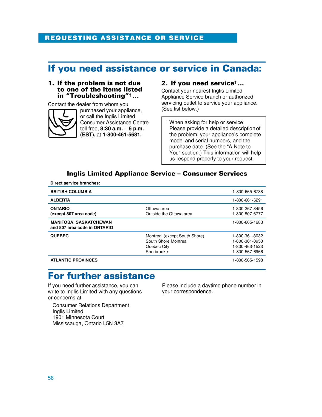 Whirlpool YMH6130XE warranty If you need service†, Inglis Limited Appliance Service Consumer Services 