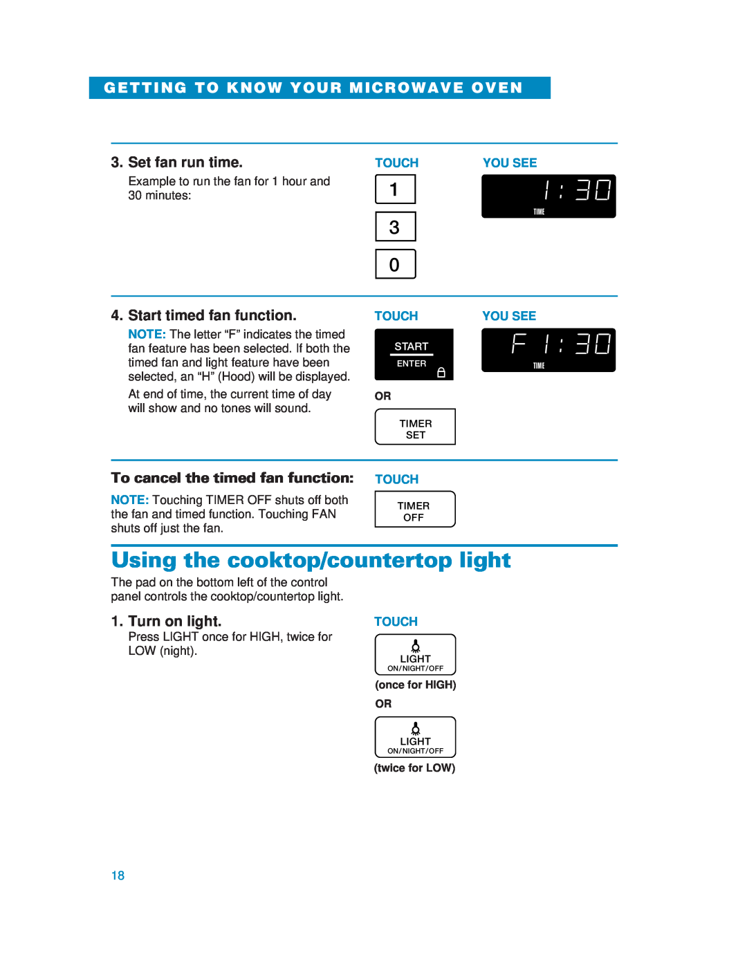 Whirlpool MH6130XE warranty Using the cooktop/countertop light, Set fan run time, Start timed fan function, Turn on light 