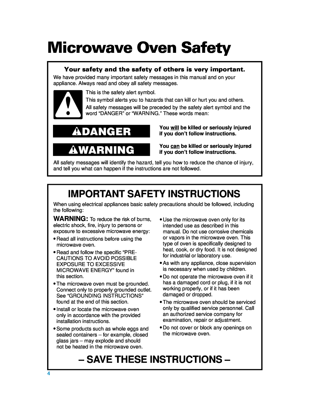 Whirlpool MH6130XE warranty Microwave Oven Safety, wDANGER wWARNING, Important Safety Instructions, Save These Instructions 