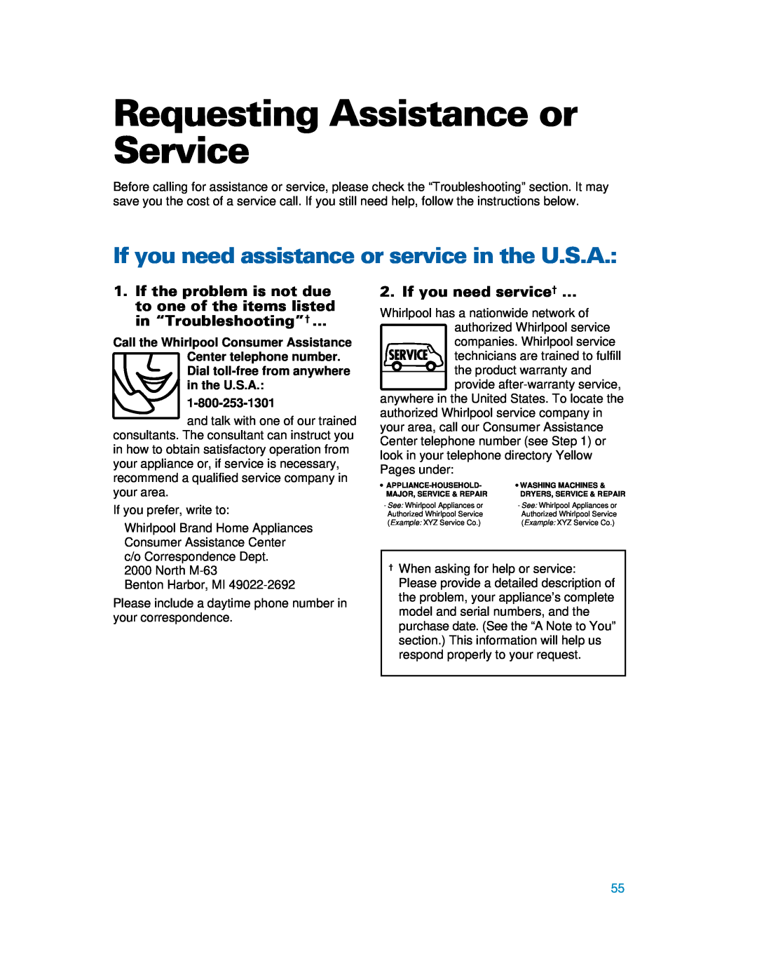 Whirlpool YMH6130XE warranty Requesting Assistance or Service, If you need assistance or service in the U.S.A 