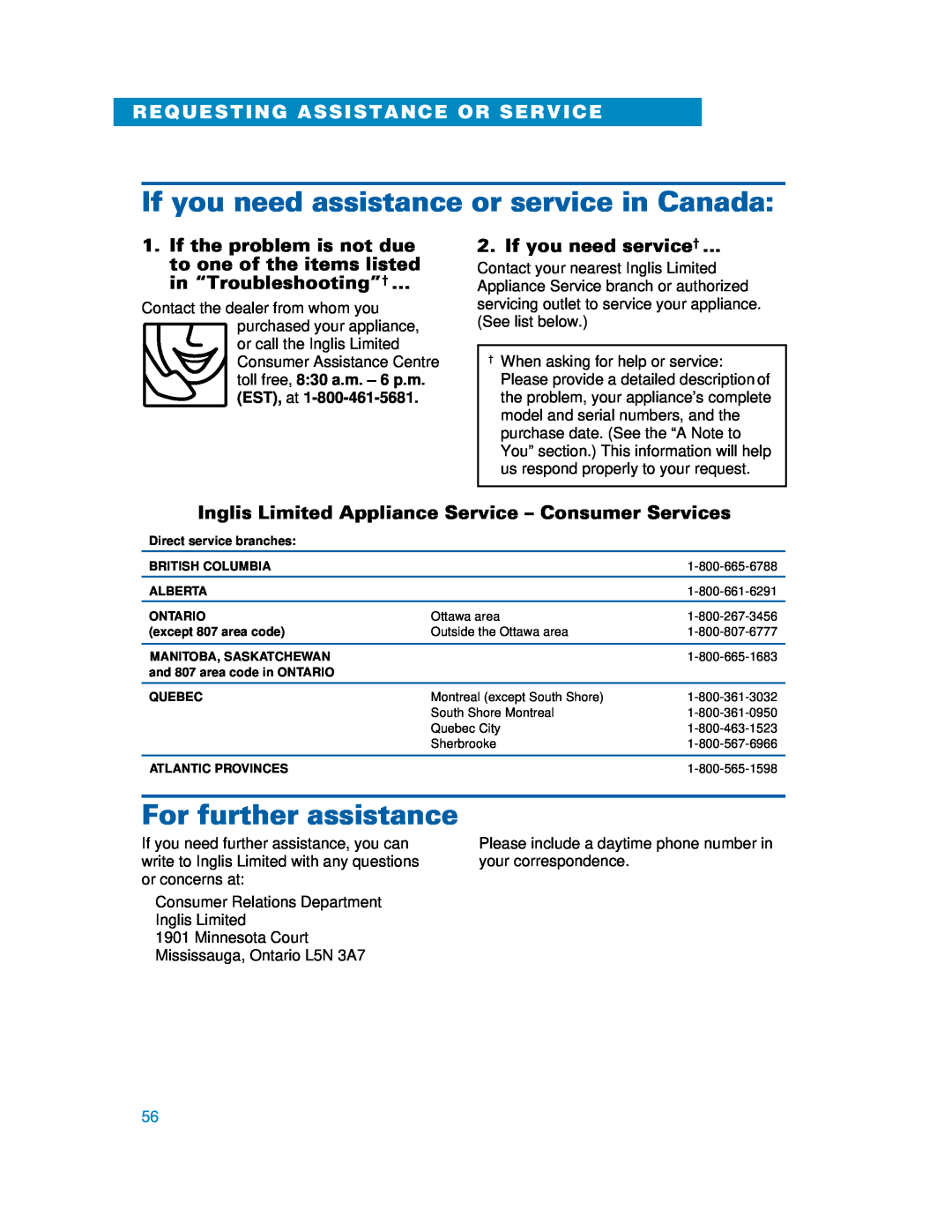 Whirlpool MH6130XE If you need assistance or service in Canada, For further assistance, Requesting Assistance Or Service 