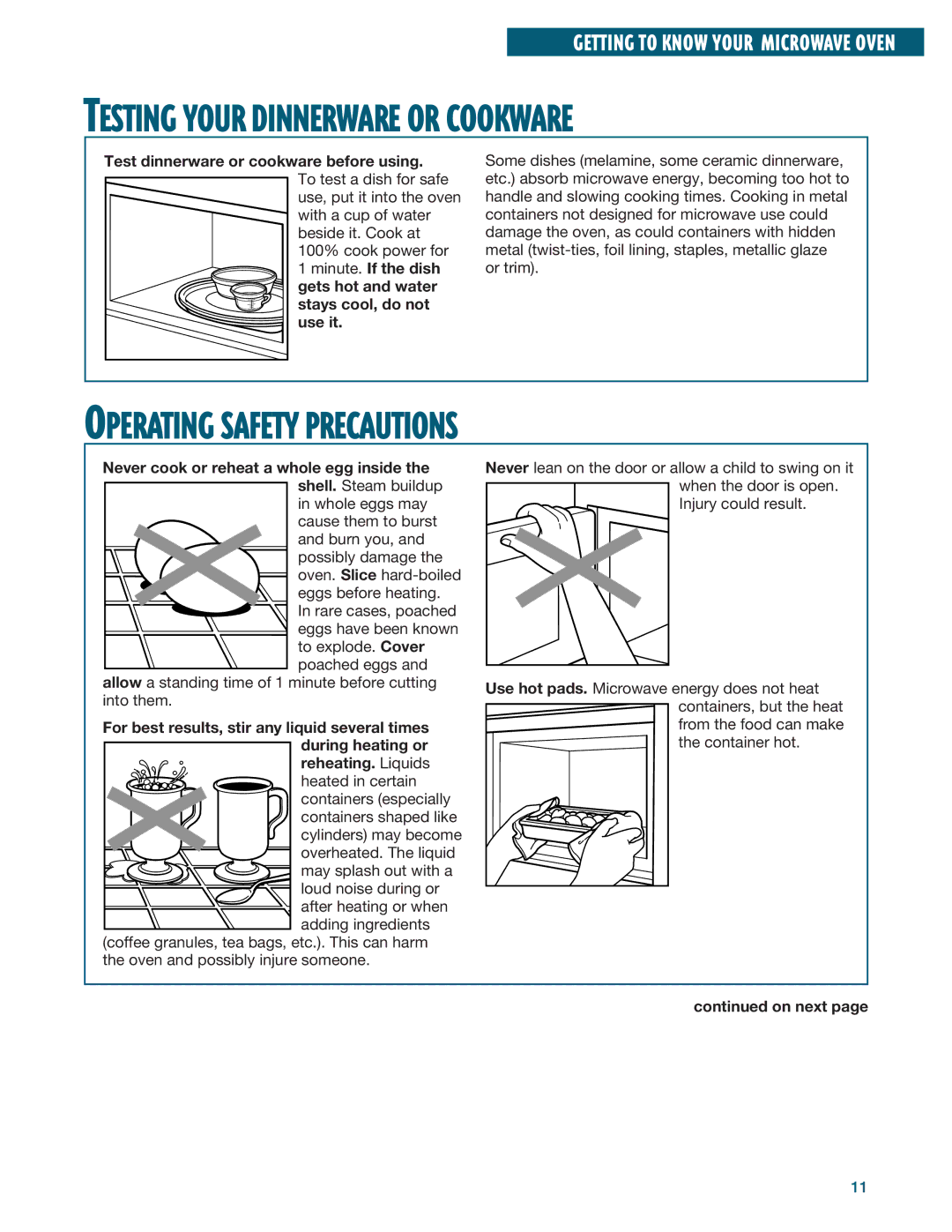 Whirlpool YMH6140XF installation instructions Operating Safety Precautions, Testing Your Dinnerware or Cookware 