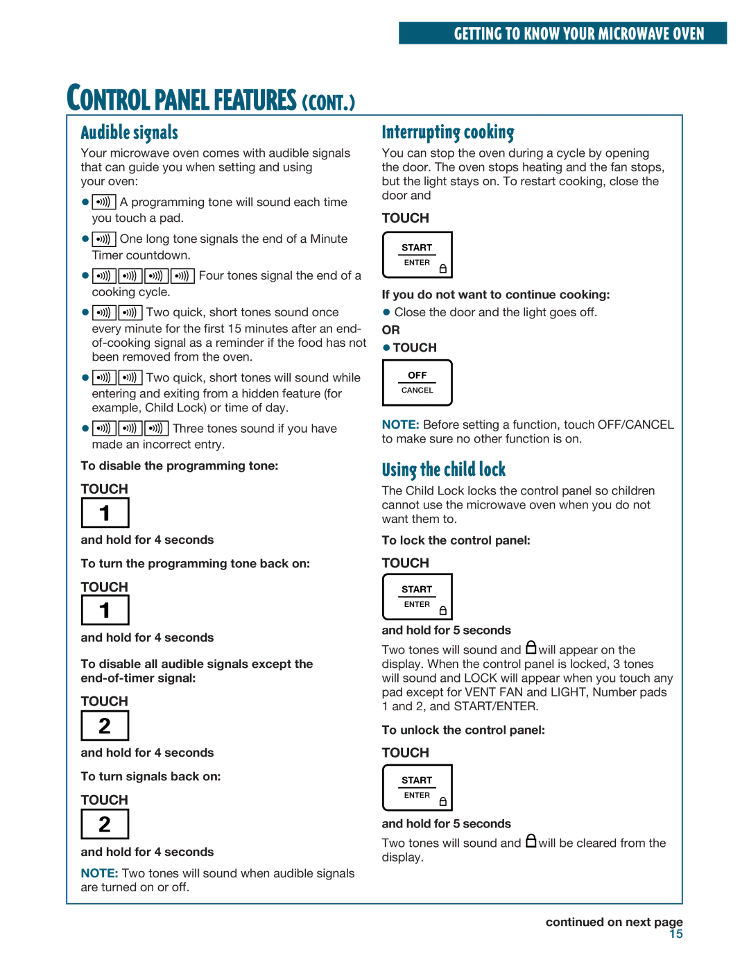 Whirlpool YMH6140XF installation instructions Audible signals, Interrupting cooking, Using the child lock, Touch 