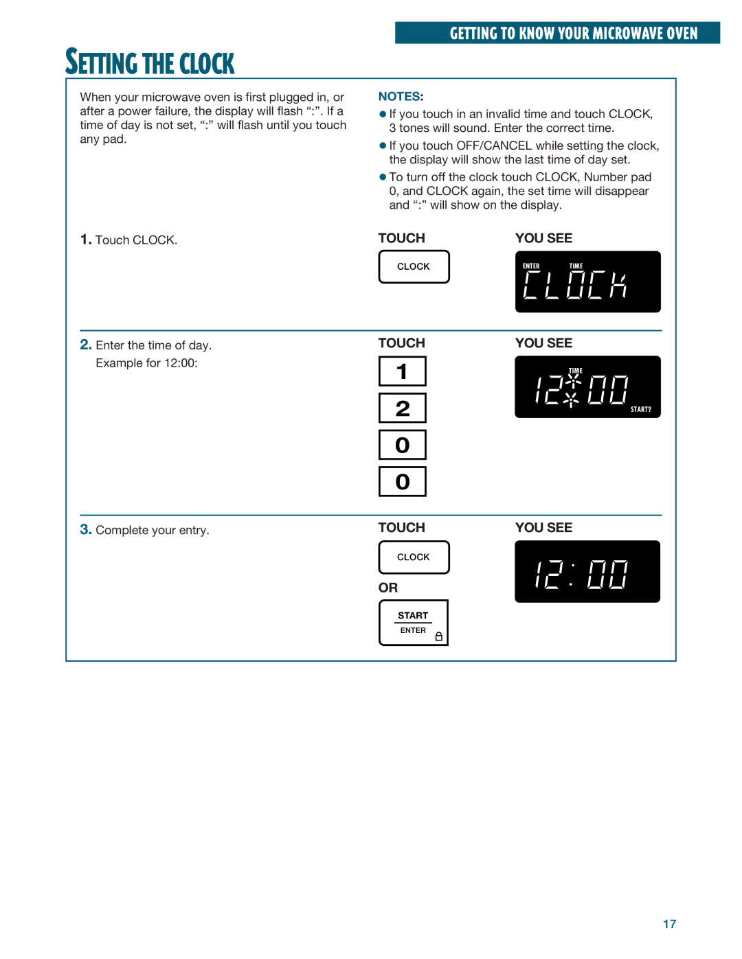 Whirlpool YMH6140XF installation instructions Setting the Clock, Touch Clock, Enter the time of day, Example for 