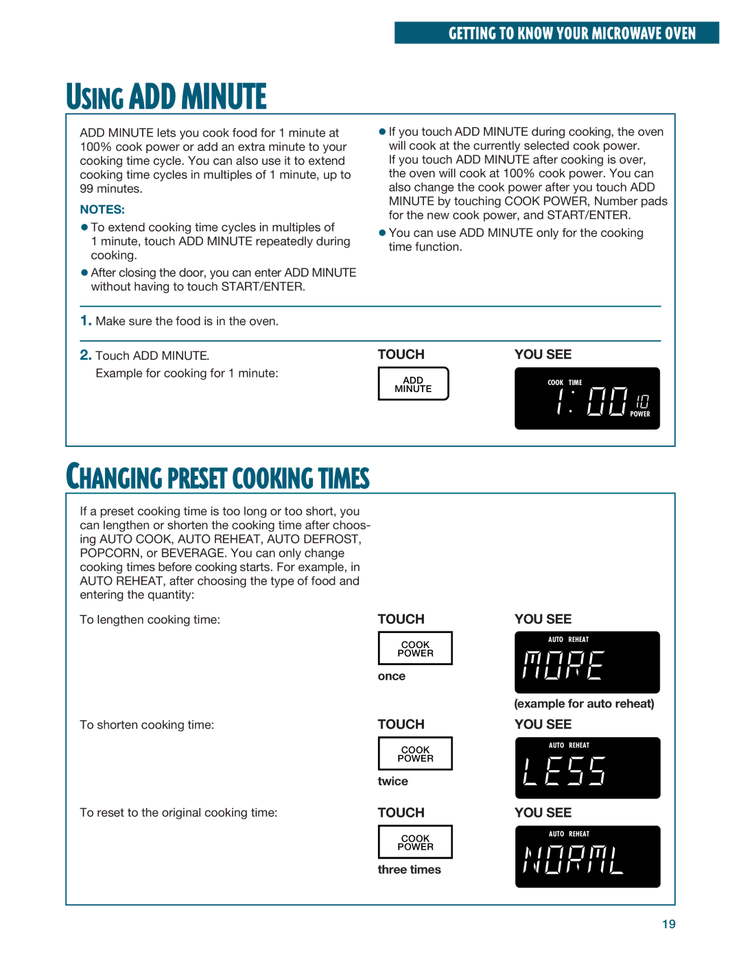 Whirlpool YMH6140XF installation instructions Using ADD Minute, Changing Preset Cooking Times 