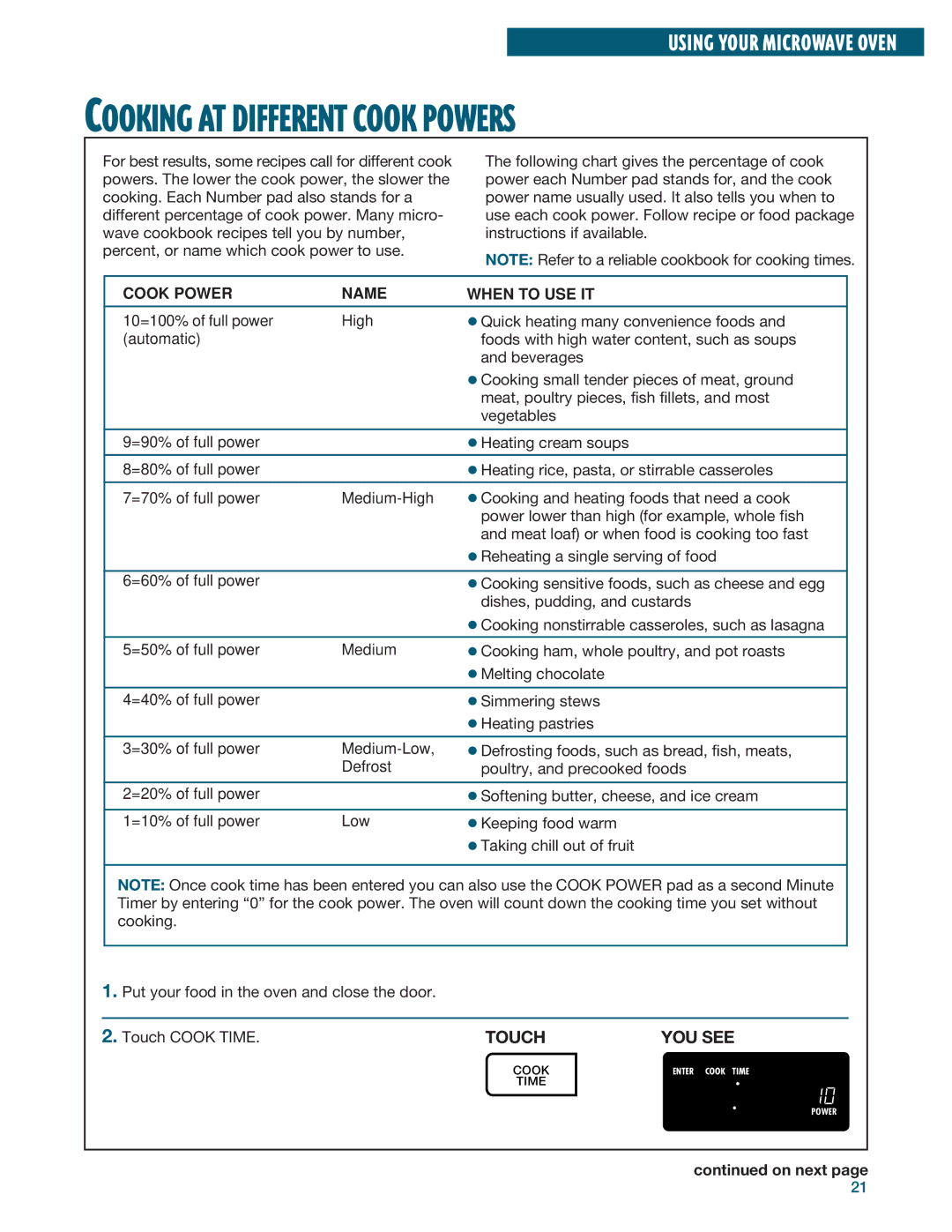 Whirlpool YMH6140XF installation instructions Cooking AT Different Cook Powers 