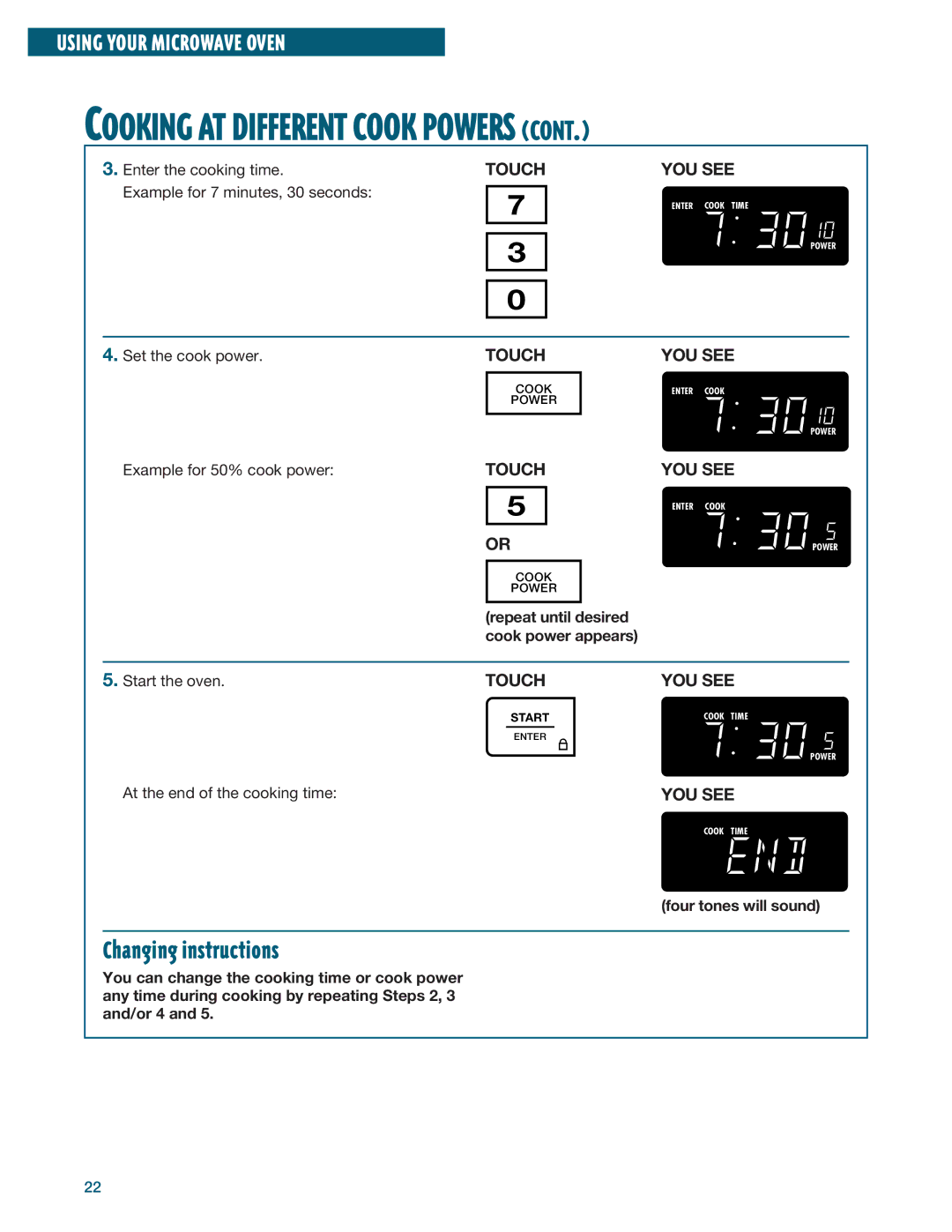 Whirlpool YMH6140XF installation instructions Cooking AT Different Cook Powers 