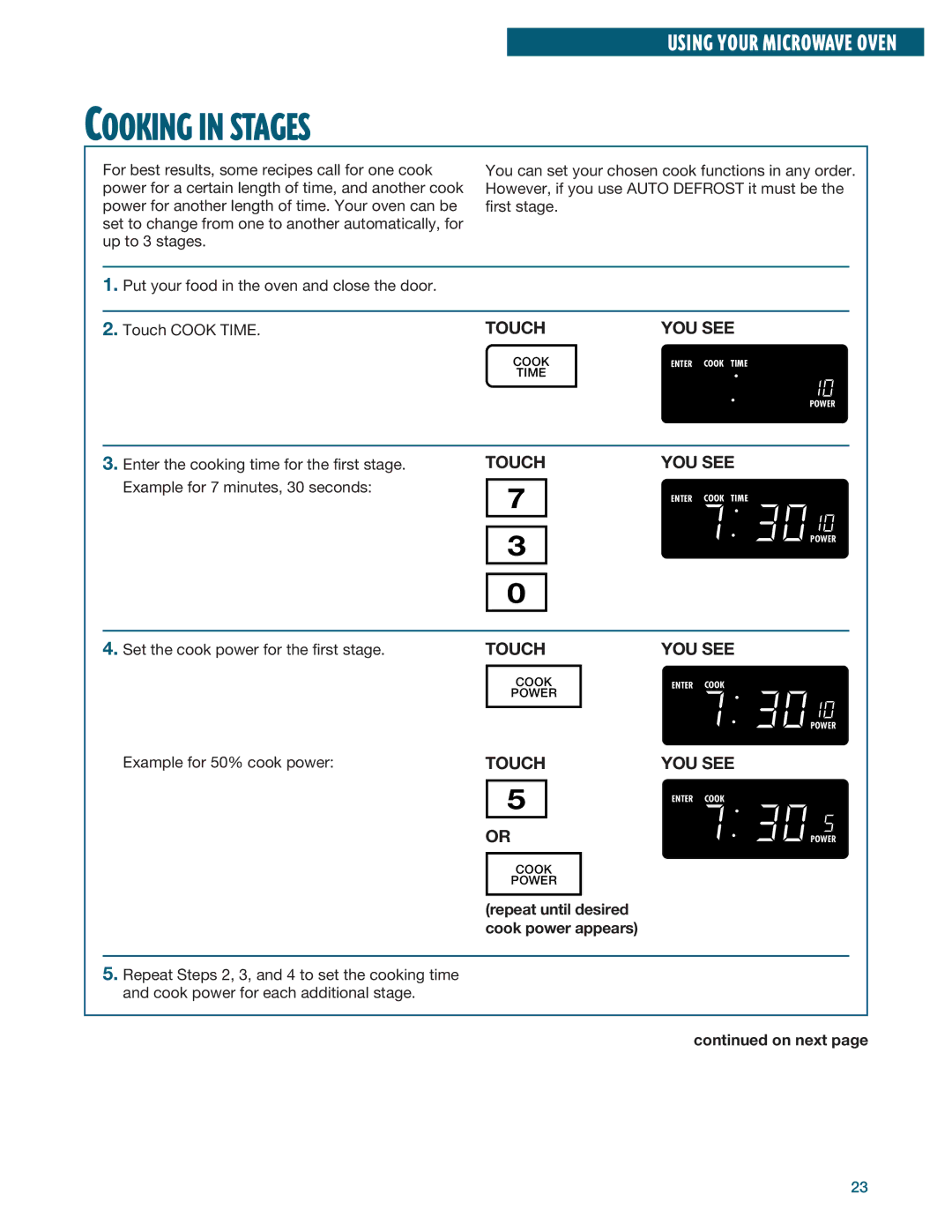 Whirlpool YMH6140XF Cooking in Stages, Enter the cooking time for the first stage, Example for 7 minutes, 30 seconds 