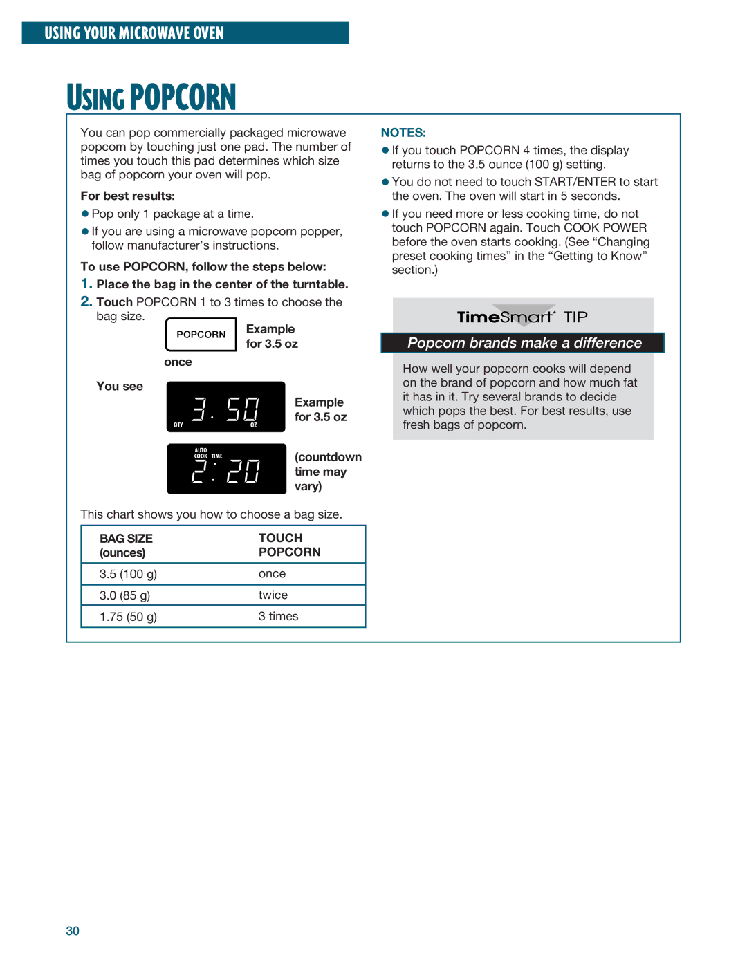 Whirlpool YMH6140XF installation instructions BAG Size Touch, Popcorn 