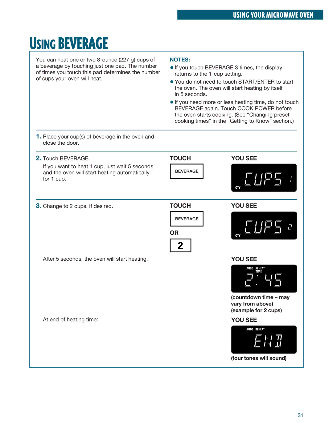 Whirlpool YMH6140XF Change to 2 cups, if desired, Countdown time may vary from above example for 2 cups 