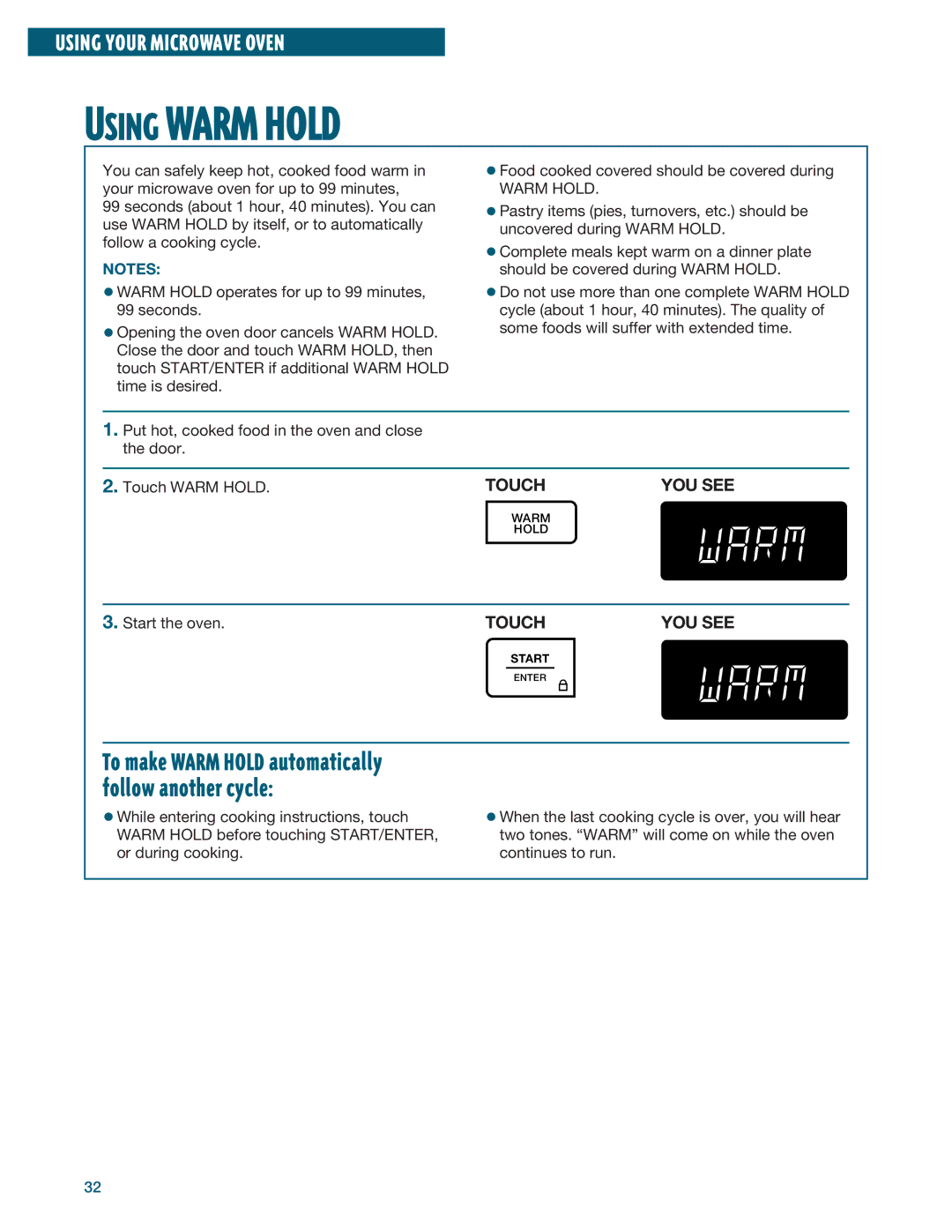 Whirlpool YMH6140XF installation instructions Using Warm Hold 