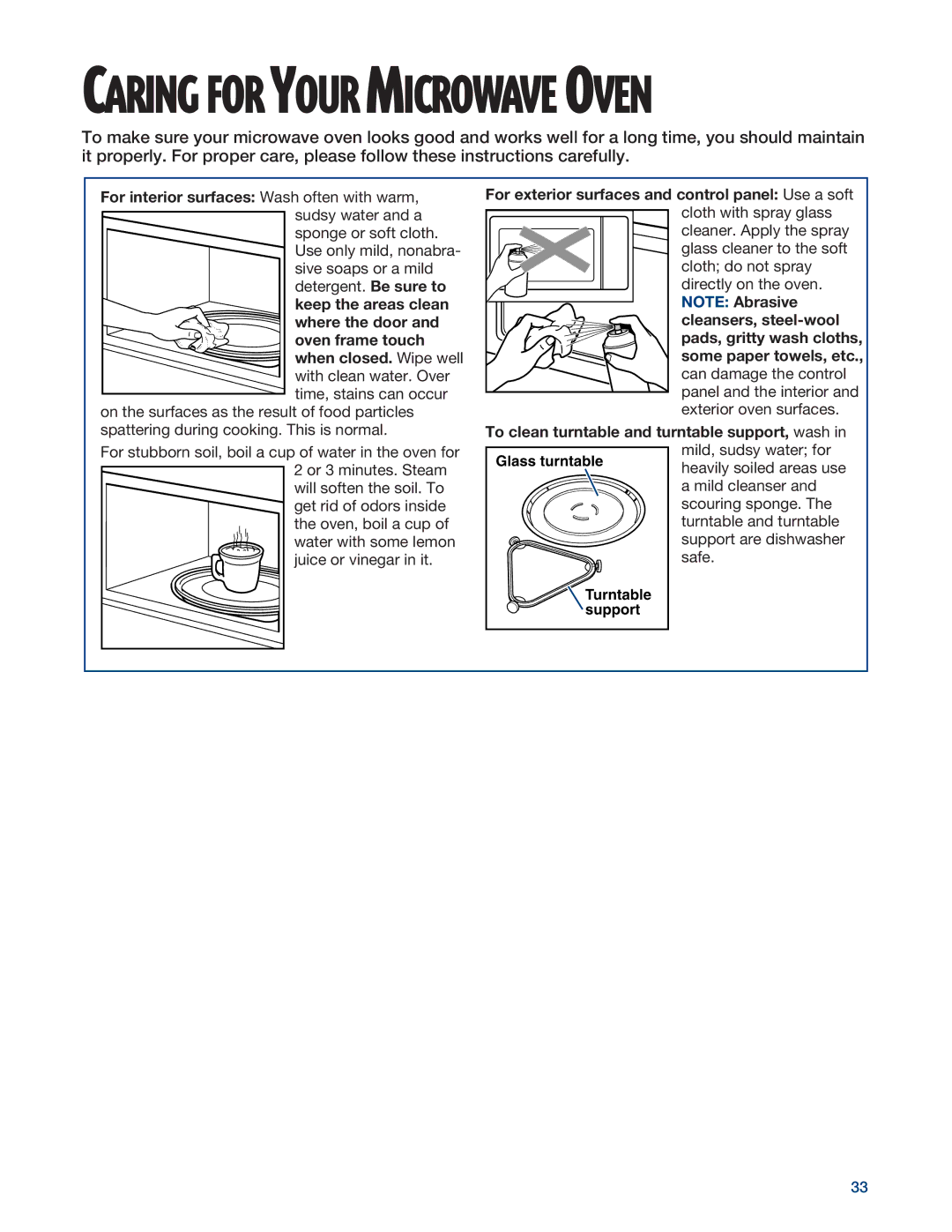 Whirlpool YMH6140XF installation instructions Caring for Your Microwave Oven 