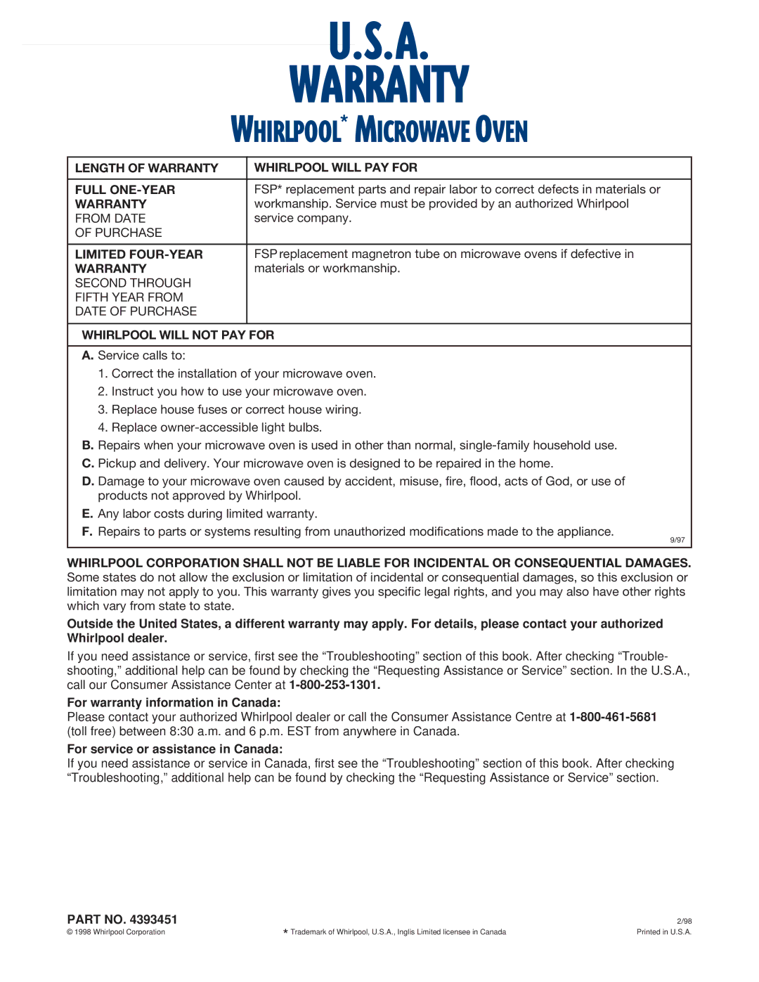 Whirlpool MH6140XF Length of Warranty Whirlpool will PAY for Full ONE-YEAR, Limited FOUR-YEAR, Whirlpool will not PAY for 