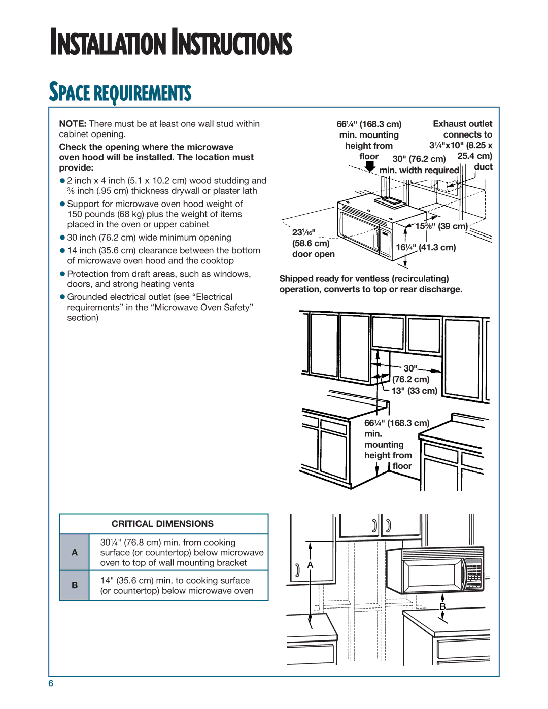 Whirlpool YMH6140XF installation instructions Space Requirements, Critical Dimensions 