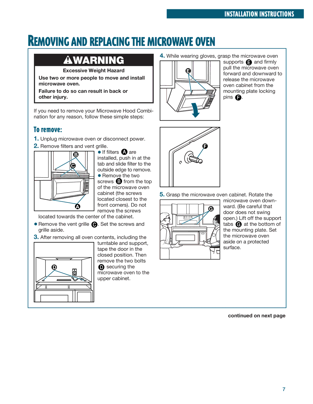 Whirlpool YMH6140XF installation instructions Removing and Replacing the Microwave Oven, To remove 