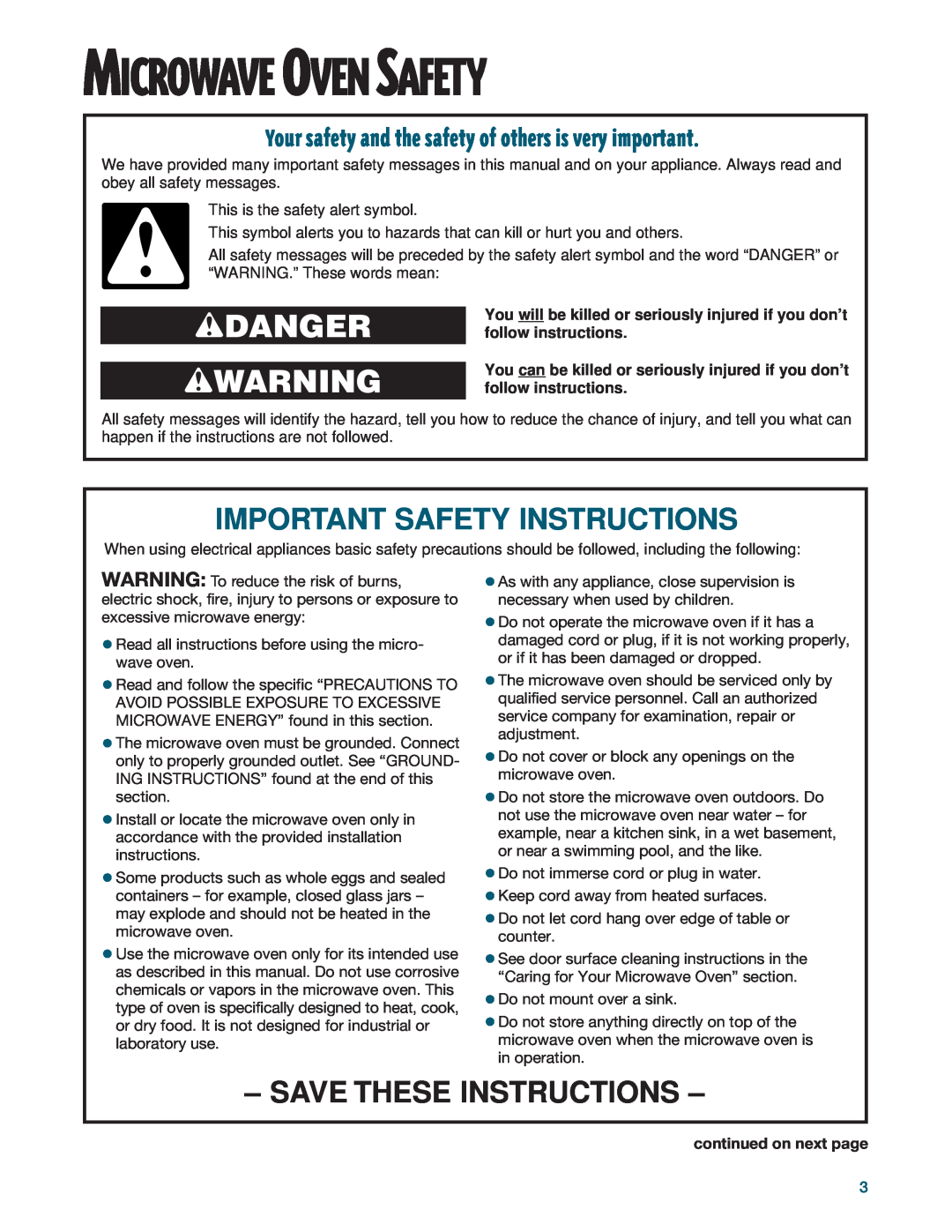 Whirlpool YMH6140XF wDANGER wWARNING, Important Safety Instructions, Save These Instructions, Microwave Oven Safety 