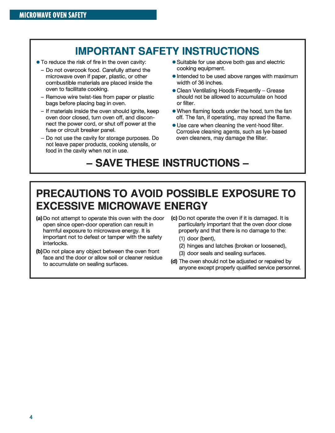 Whirlpool YMH6140XF Precautions To Avoid Possible Exposure To Excessive Microwave Energy, Microwave Oven Safety 