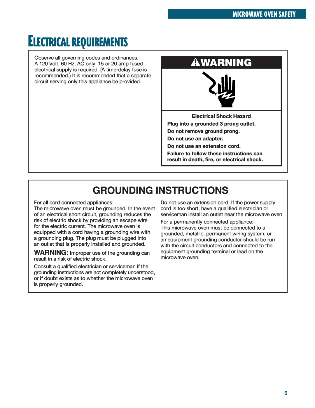 Whirlpool YMH6140XF Electrical Requirements, wWARNING, Grounding Instructions, Microwave Oven Safety 
