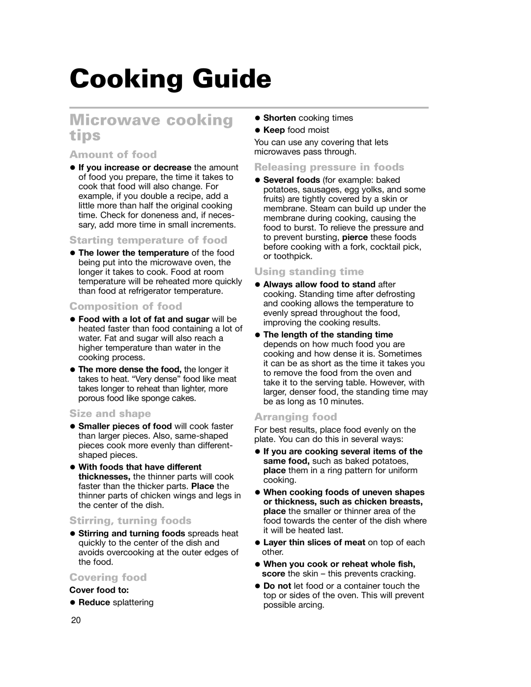 Whirlpool MH6150XH, MH6151XH warranty Cooking Guide, Microwave cooking tips 