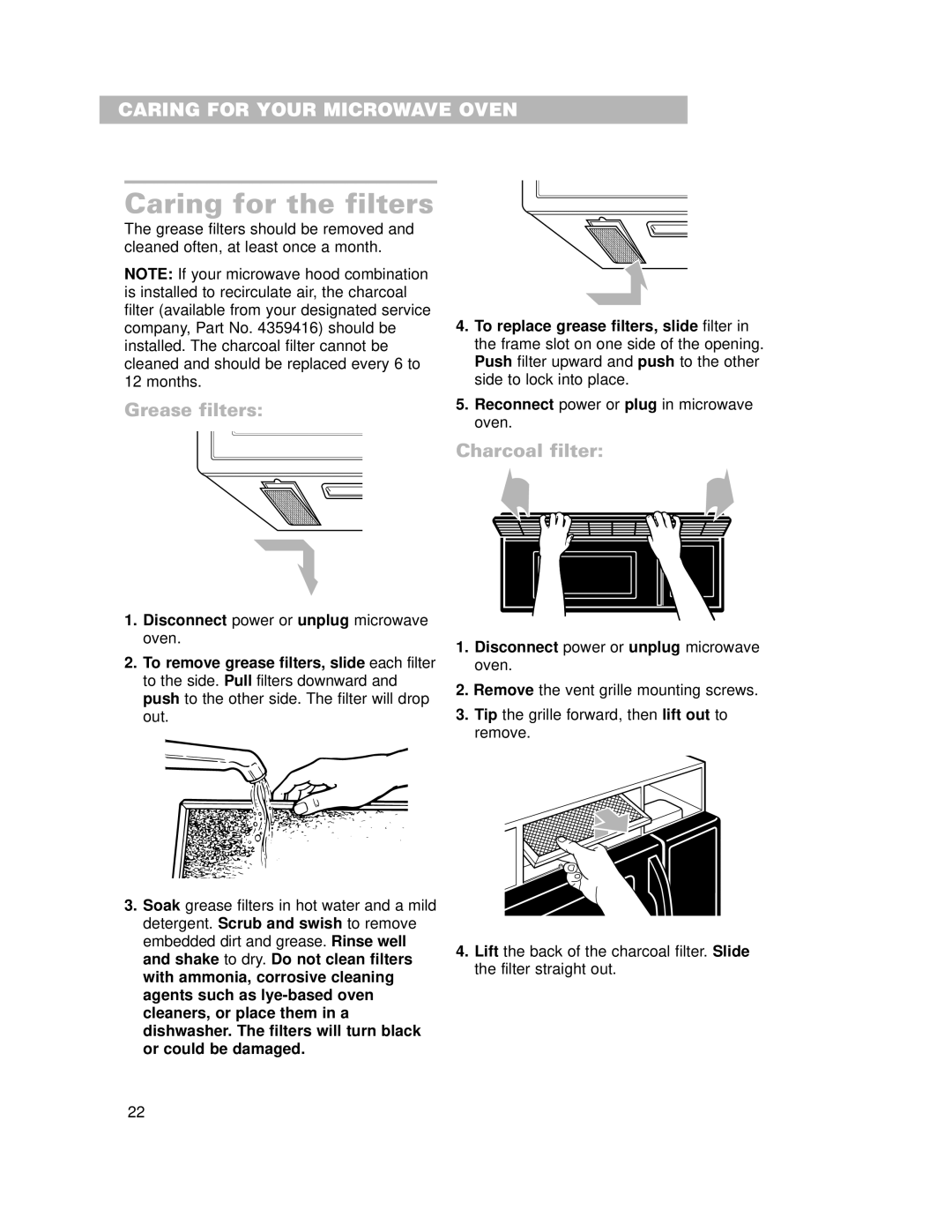 Whirlpool MH6150XH, MH6151XH warranty Caring for the filters, Grease filters, Charcoal filter 