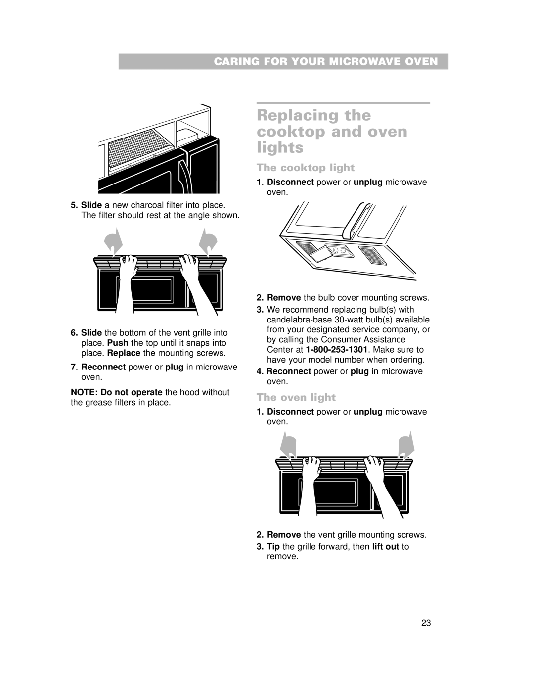 Whirlpool MH6151XH, MH6150XH warranty Replacing the cooktop and oven lights, Cooktop light, Oven light 