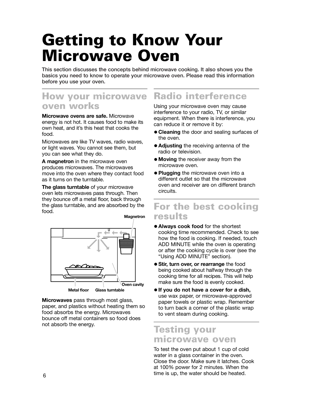 Whirlpool MH6150XH, MH6151XH warranty Getting to Know Your Microwave Oven, How your microwave oven works, Radio interference 