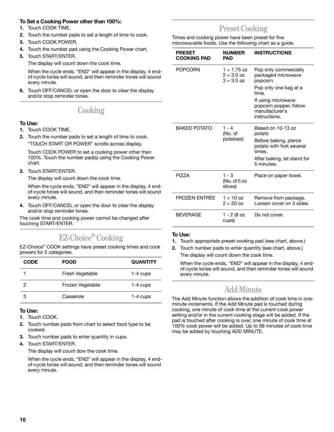 Whirlpool MH6150XL manual PresetCooking, EZ-ChoiceCooking, AddMinute 