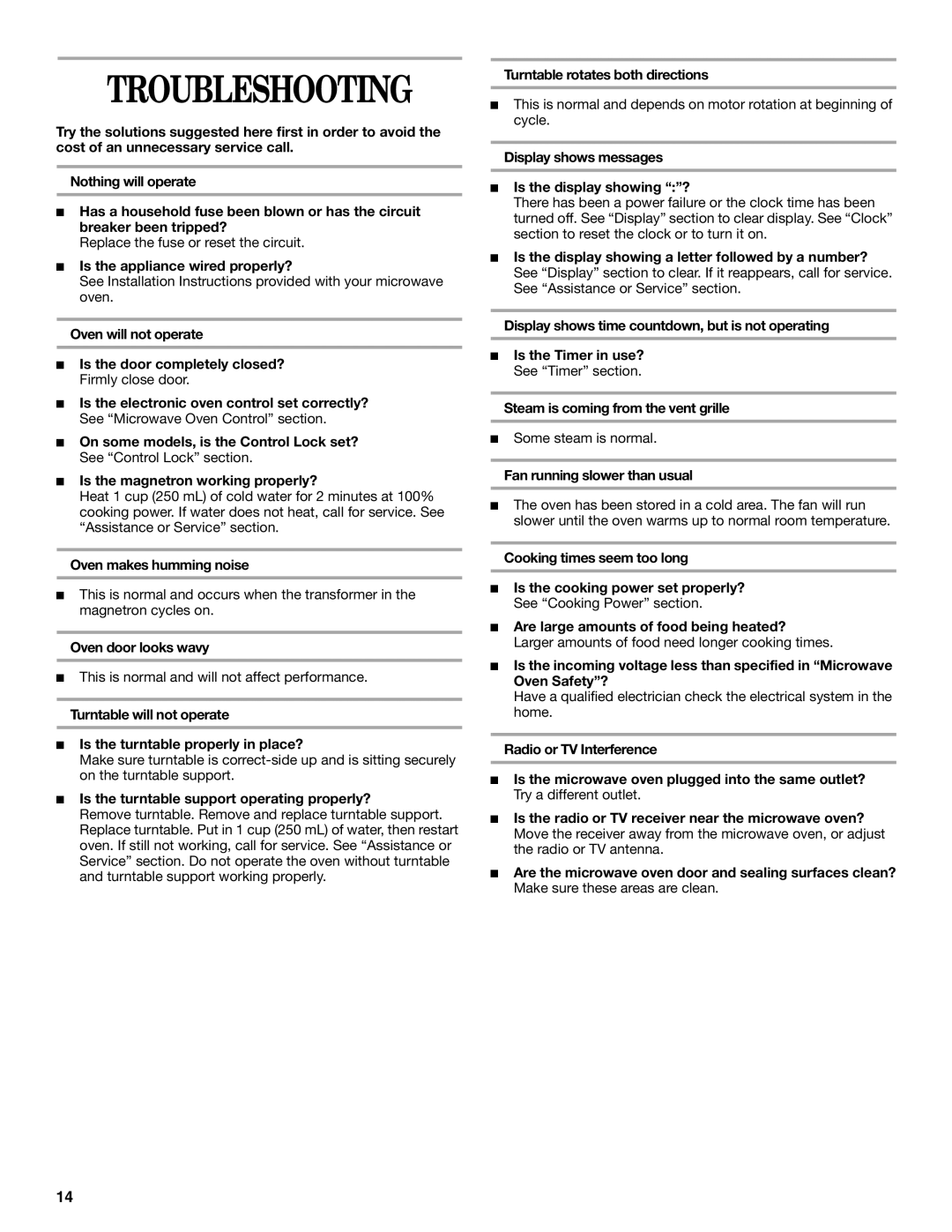 Whirlpool MH6150XL manual Troubleshooting 