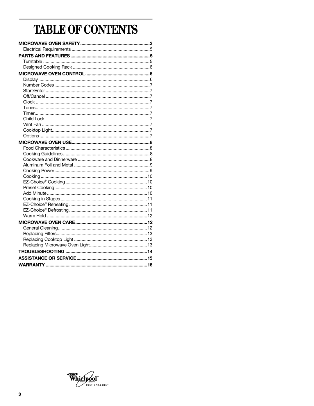 Whirlpool MH6150XL manual Table of Contents 